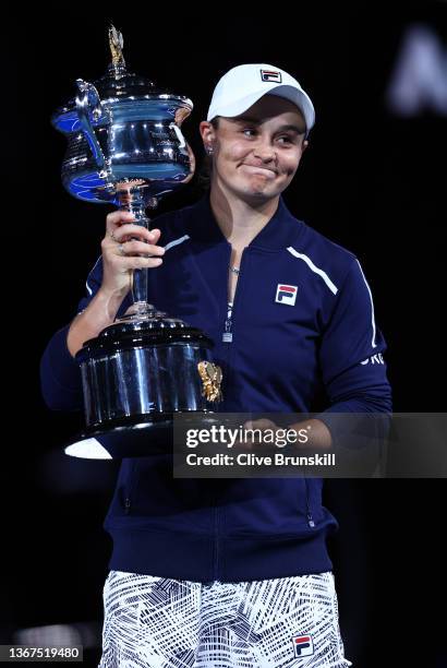 Ashleigh Barty of Australia poses with the Daphne Akhurst Memorial Cup after winning her Women’s Singles Final match against Danielle Collins of...