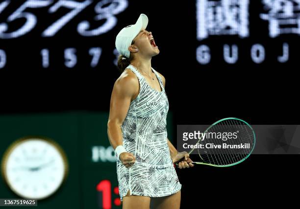 Ashleigh Barty of Australia celebrates match point in her Women’s Singles Final match against Danielle Collins of United States during day thirteen...