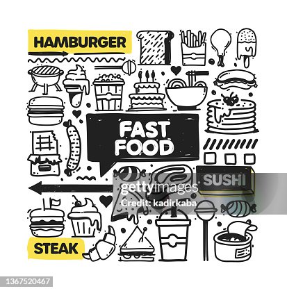 Fast Food object and elements. Vector doodle illustration collection. Hand drawn icon set or banner template Fast Food object and elements. Vector doodle illustration collection. Hand drawn icon set or banner template