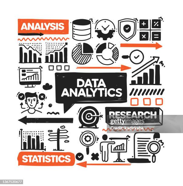 data analytics object and elements. vector doodle illustration collection. hand drawn icon set or banner template - pros and cons stock illustrations