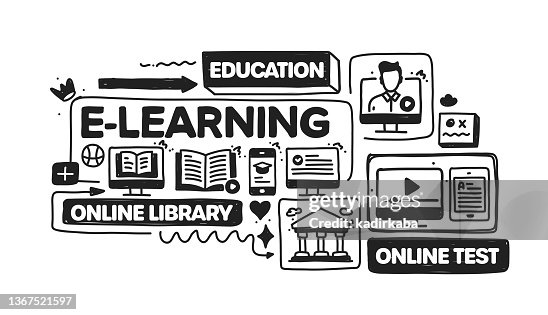 E-Learning object and elements. Vector doodle illustration collection. Hand drawn icon set or banner template E-Learning object and elements. Vector doodle illustration collection. Hand drawn icon set or banner template