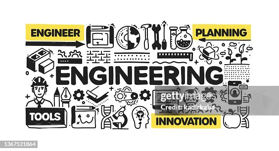 Engineering object and elements. Vector doodle illustration collection. Hand drawn icon set or banner template Engineering object and elements. Vector doodle illustration collection. Hand drawn icon set or banner template