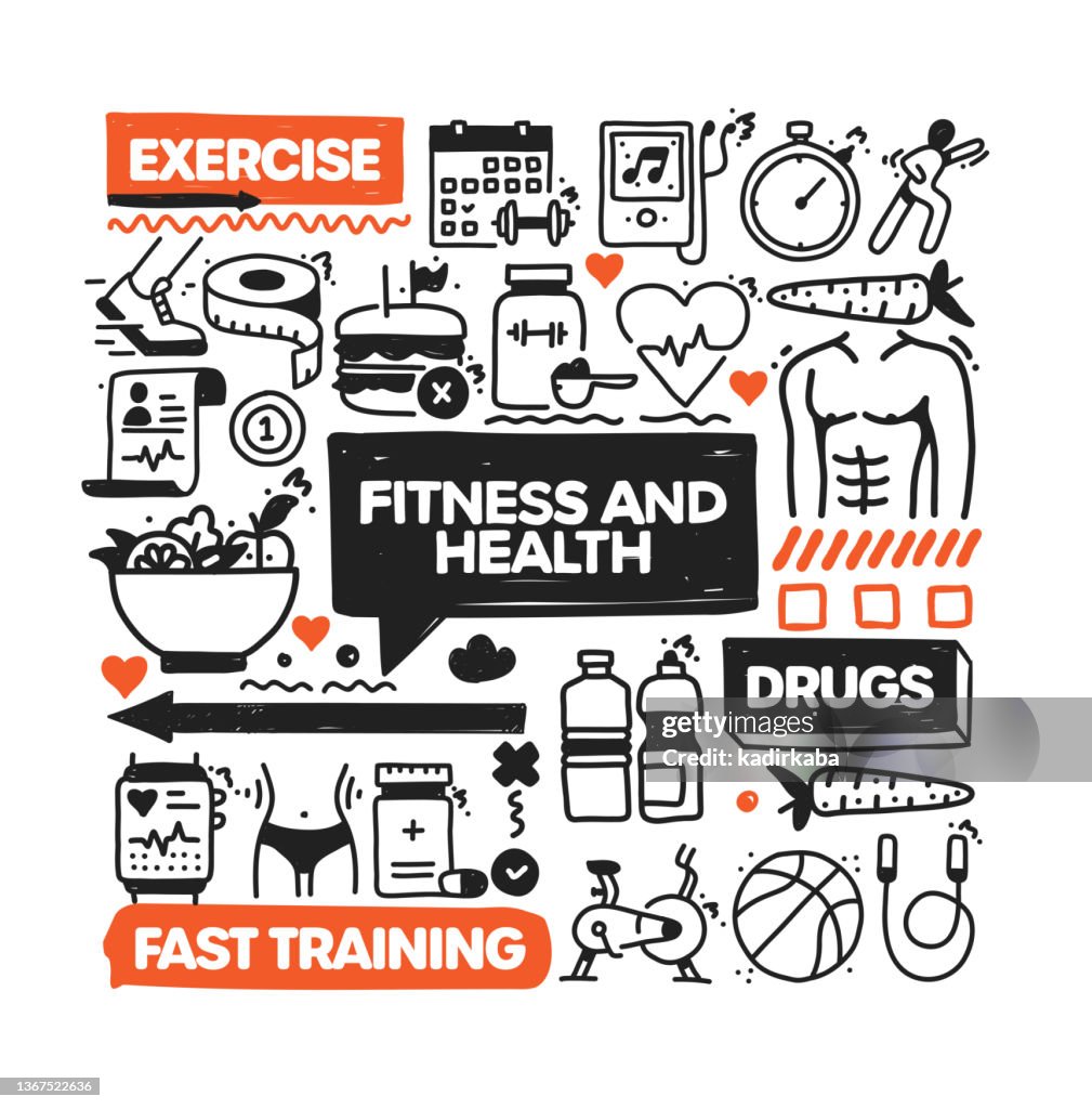 Fitness and Health object and elements. Vector doodle illustration collection. Hand drawn icon set or banner template