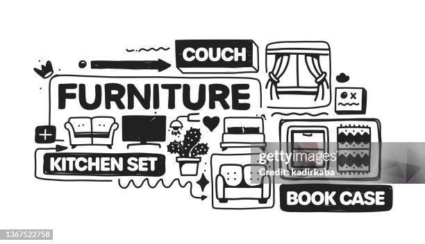 furniture object and elements. vector doodle illustration collection. hand drawn icon set or banner template - buffet table stock illustrations