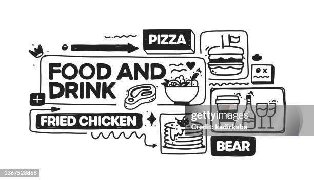 food and drink object and elements. vector doodle illustration collection. hand drawn icon set or banner template - fried chicken burger stock illustrations