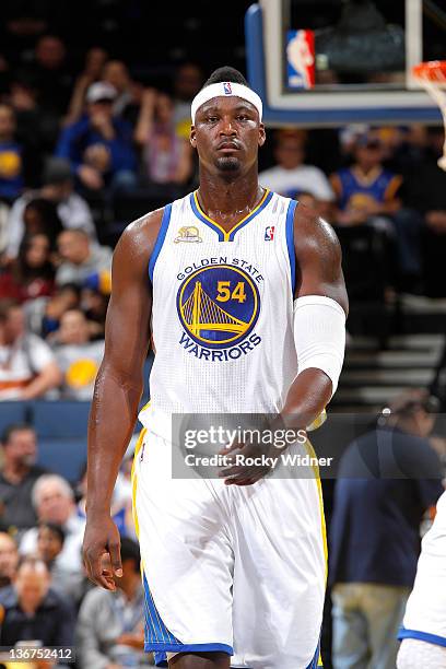 Kwame Brown of the Golden State Warriors walks up the court during a game against the Utah Jazz on January 7, 2012 at Oracle Arena in Oakland,...