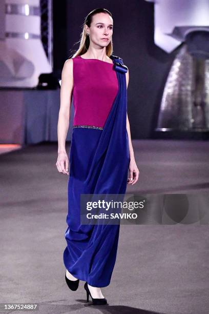 Model walks the runway during the Pierre Cardin 3022 fashion show tribute to Pierre Cardin presenting unprecedented outfits at Musee de l'Air et de...