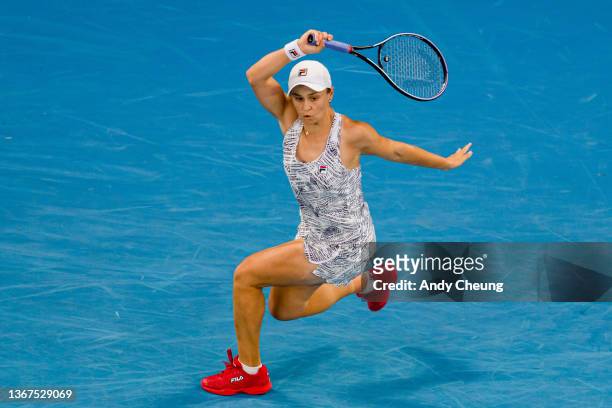 Ashleigh Barty of Australia plays a forehand in her Women's Singles Final match against Danielle Collins of United States during day 13 of the 2022...