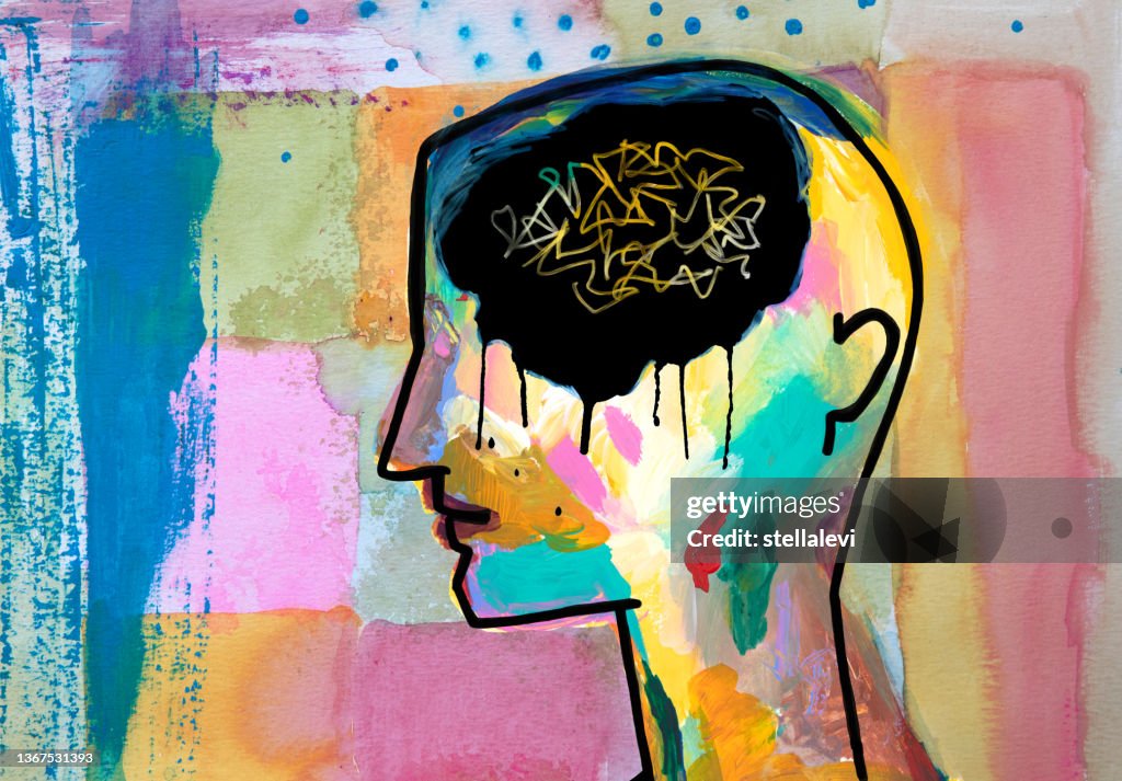 Tête de personne avec un schéma de pensée chaotique, dépression, tristesse - Concept de santé mentale