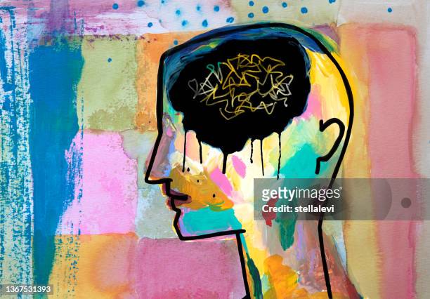 ilustrações, clipart, desenhos animados e ícones de cabeça de pessoa com padrão de pensamento caótico, depressão, tristeza - conceito de saúde mental - overworked