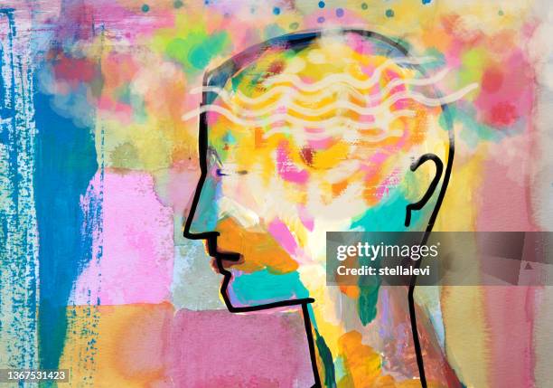 stockillustraties, clipart, cartoons en iconen met person's head - peaceful thoughts,  in meditation, mindfulness, relaxation - mental welness - mental wellbeing