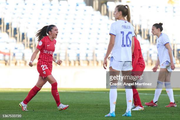 Natalia Gaitan of Sevilla FC celebrates after scoring her team's first goal during the Primera Iberdrola match between Real Madrid and Sevilla FC at...