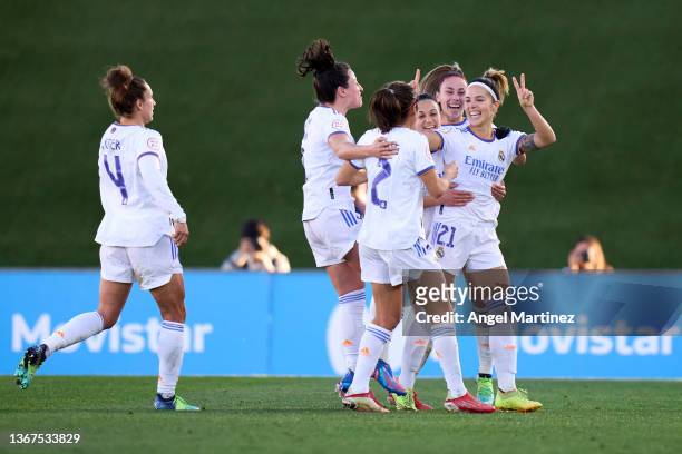 Claudia Zornoza of Real Madrid celebrates with team mates after scoring their team's second goal during the Primera Iberdrola match between Real...