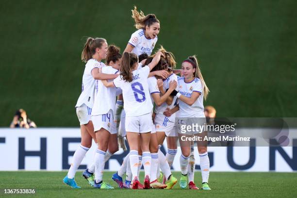 Claudia Zornoza of Real Madrid celebrates with team mates after scoring their team's second goal during the Primera Iberdrola match between Real...
