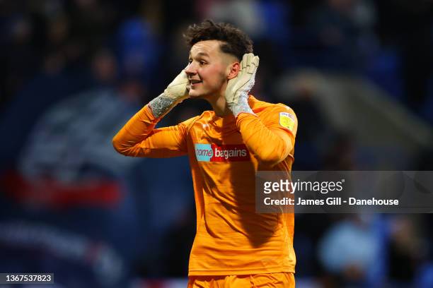 James Trafford of Bolton Wanderers gestures towards Sunderland supporters during the Sky Bet League One match between Bolton Wanderers and Sunderland...