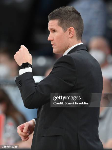 Jaka Lakovic, head caoch of Ulm looks onduring the BBL game between Hamburg Towers and Ratiopharm Ulm at edel-optics.de Arena on January 29, 2022 in...