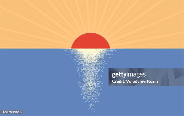 stockillustraties, clipart, cartoons en iconen met landscape. sunrise over the sea surface. minimalistic  illustration - stilstaand water