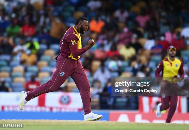 Kieron Pollard of West Indies celebrates the wicket of Jason Roy of England during the T20 International Series Fourth T20I match between West Indies...