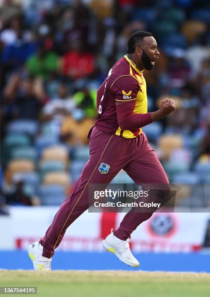 Kieron Pollard of West Indies celebrates the wicket of Jason Roy of England during the T20 International Series Fourth T20I match between West Indies...