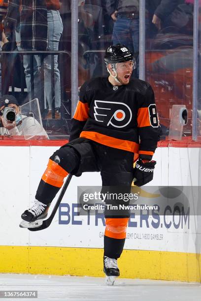 Cam Atkinson of the Philadelphia Flyers celebrates after scoring against the Los Angeles Kings during the third period at Wells Fargo Center on...