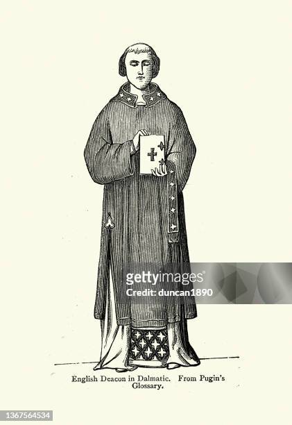 stockillustraties, clipart, cartoons en iconen met medieval english fashion, deacon in dalmatic, a long, wide-sleeved tunic, which serves as a liturgical vestment - tuniek