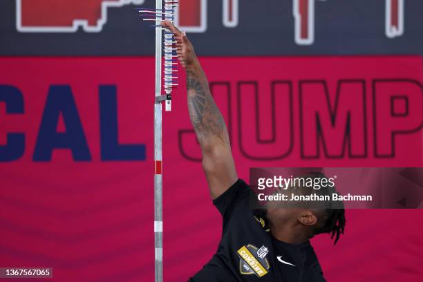 Jonathan Giles of the Texas Southern Tigers does the vertical jump during the 2022 NFL HBCU Combine at University of South Alabama Jaguar Training...