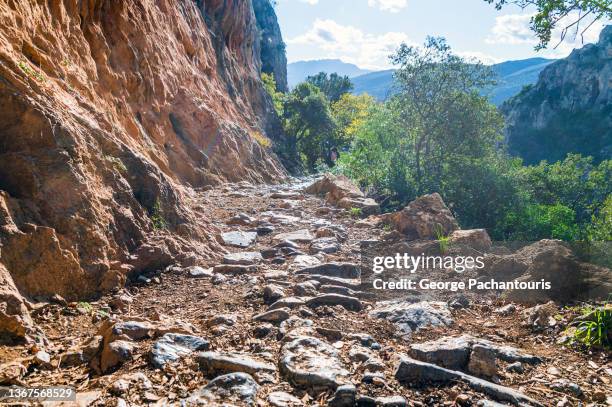 walking path with stones on the mountain - schotterstrecke stock-fotos und bilder
