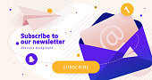 Newsletter subscription banner. Vector illustration for online marketing and business. Open envelope with letter and paper planes. Template for mailing and newsletter.
