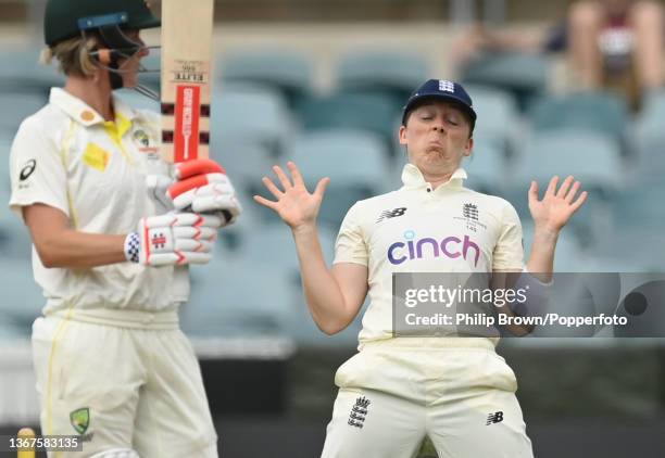 Heather Knight of England pulls a face during day four of the Women's Test match in the Ashes series between Australia and England at Manuka Oval on...