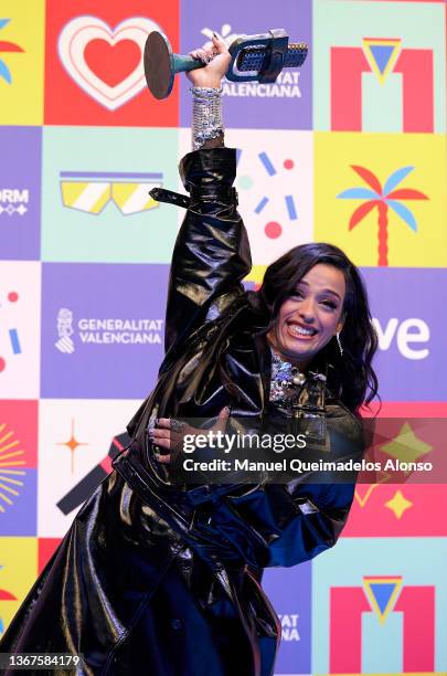 Chanel Terrero celebrates during the winner's press conference following of the Benidorm Fest at Playa de Levante on January 29, 2022 in Benidorm,...