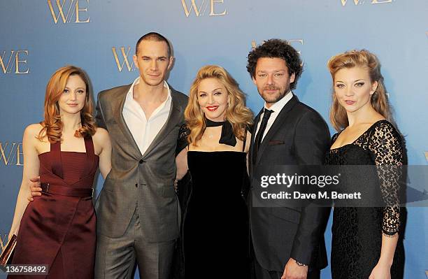 Actors Andrea Riseborough, James D'Arcy, writer/director Madonna, Richard Coyle and Natalie Dormer attend the UK premiere of 'W.E.' at Kensington...