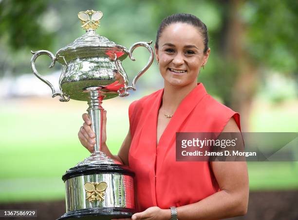 Ashleigh Barty of Australia attends a media photocall at the Royal Exhibition Building with the Daphne Akhurst Memorial Cup after winning last nights...