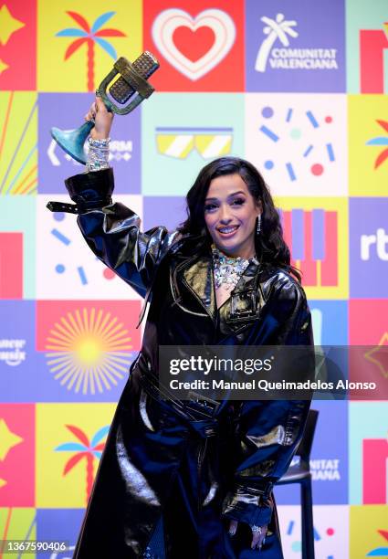 Chanel Terrero celebrates during the winner's press conference following of the Benidorm Fest at Playa de Levante on January 29, 2022 in Benidorm,...