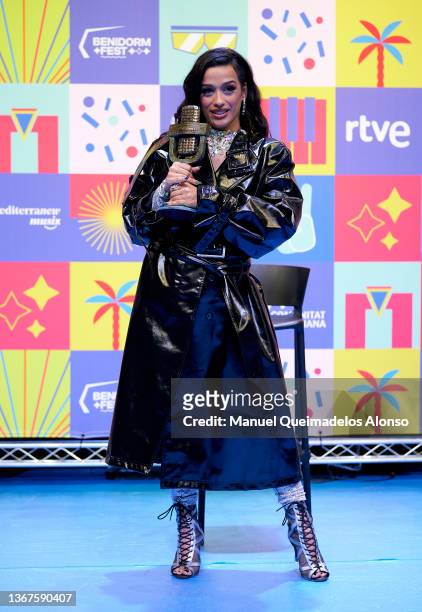 Chanel Terrero celebrates during the winner's press conference following of the Benidorm Fest at Playa de Levante on January 29, 2022 in Benidorm,...