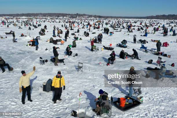 Fishermen compete in the Brainerd Jaycees Ice Fishing Extravaganza on January 29, 2022 in Brainerd, Minnesota. About 10,000 anglers were expected to...