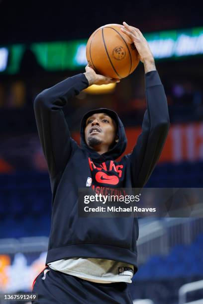 Lou Williams of the Atlanta Hawks warms up prior to the game against the Orlando Magic at Amway Center on December 15, 2021 in Orlando, Florida. NOTE...