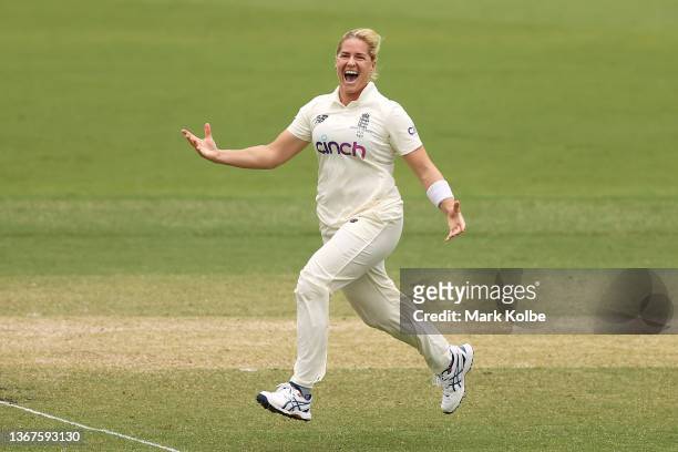 Katherine Brunt of England celebrates taking the wicket of Meg Lanning of Australia during day four of the Women's Test match in the Ashes series...