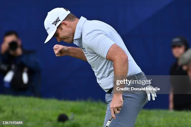 Luke List reacts after a birdie on the 18th hole during the final round of The Farmers Insurance Open on the South Course at Torrey Pines Golf Course...