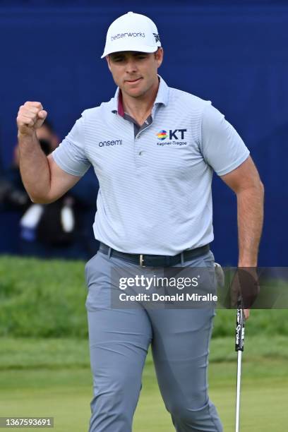 Luke List reacts after a birdie on the 18th hole during the final round of The Farmers Insurance Open on the South Course at Torrey Pines Golf Course...