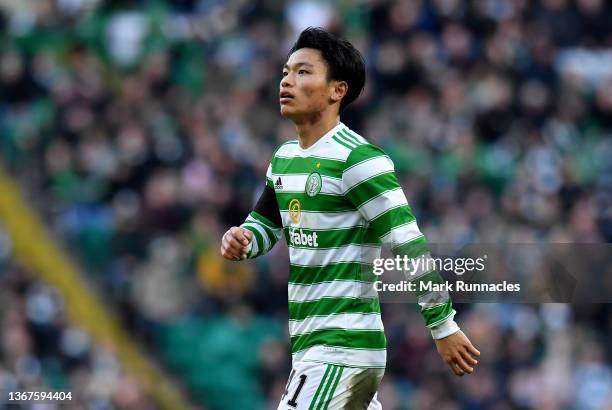 Reo Hatate of Celtic in action during the Cinch Scottish Premiership match between Celtic FC and Dundee United at Celtic Park on January 29, 2022 in...