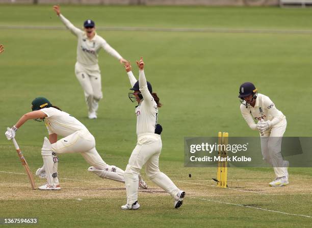 The England players unsuccessfully appeal for the stumping of Tahlia McGrath of Australia during day four of the Women's Test match in the Ashes...