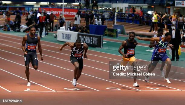 Christian Coleman wins the Men's 60 Meters alongside Noah Lyles,Trayvon Bromell, and Ronnie Baker of the United States during the 114th Millrose...