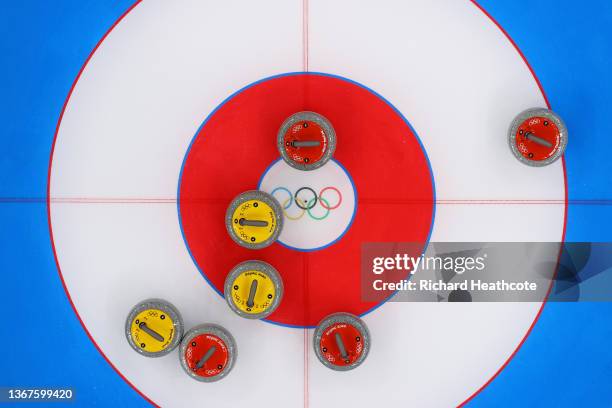 View of curling stones on the sheet at the National Aquatics Centre on January 30, 2022 in Beijing, China. Beijing is preparing for the 2022 Winter...