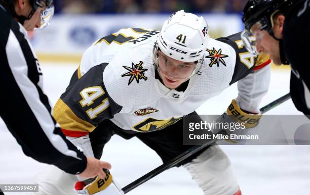 Nolan Patrick of the Vegas Golden Knights faces off during a game against the Tampa Bay Lightning at Amalie Arena on January 29, 2022 in Tampa,...