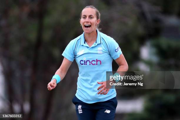 Tash Farrant of England A reacts during the Australia A and England A one day international tour match at EPC Solar Park, on January 30 in Canberra,...
