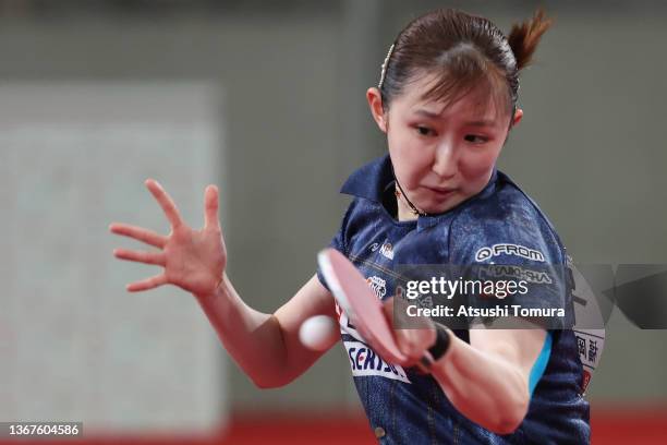 Hina Hayata of Japan competes in the Women's singles semi final match against Miyu Kato of Japan during day seven of the All Japan Table Tennis...