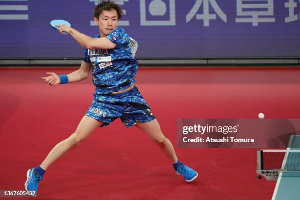 Koki Niwa of Japan competes against Kenta Matsudaira of Japan in the Men's singles semi final match during day seven of the All Japan Table Tennis...