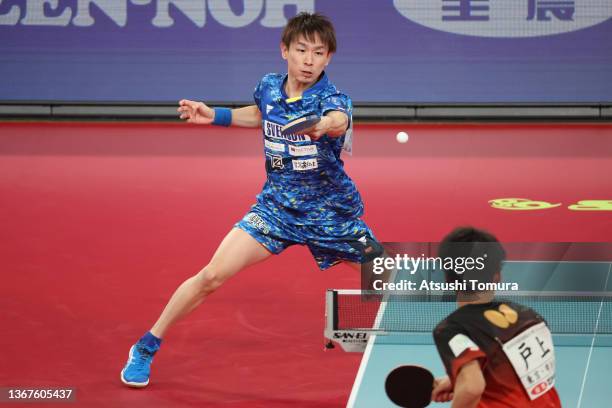 Koki Niwa of Japan competes against Kenta Matsudaira of Japan in the Men's singles semi final match during day seven of the All Japan Table Tennis...