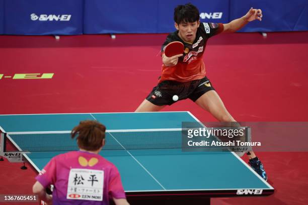 Maharu Yoshimura of Japan competes against Shunsuke Togami of Japan in the Men's singles semi final match during day seven of the All Japan Table...