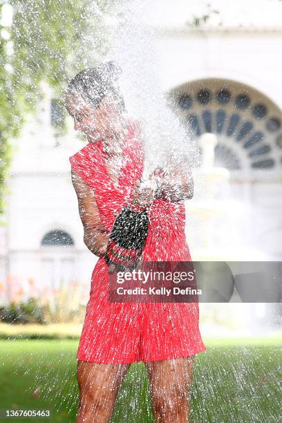Ashleigh Barty of Australia sprays champagne after winning last nights 2022 Australian Open Women's Singles Final, at Royal Exhibition Building on...